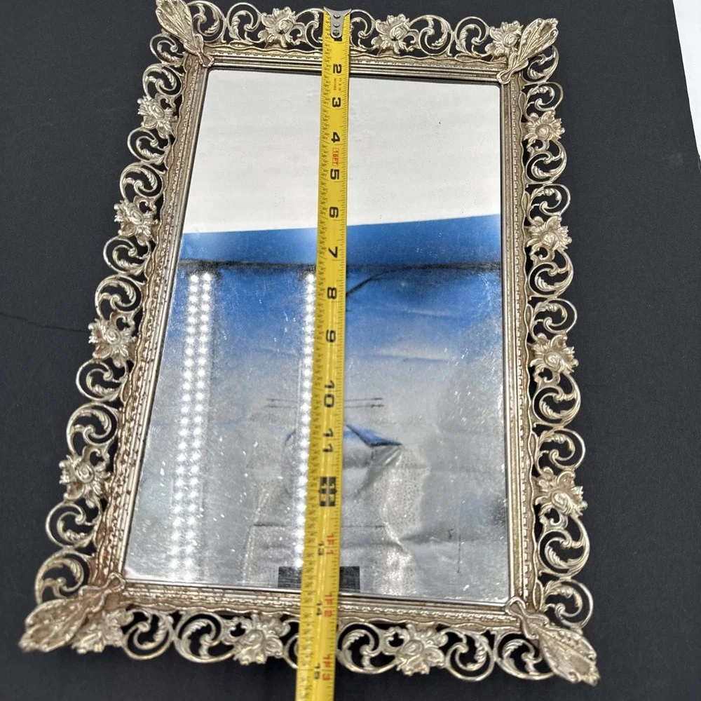 Vtg Ornate Vanity Mirror picture Stand Alone Or Tray keeper 15